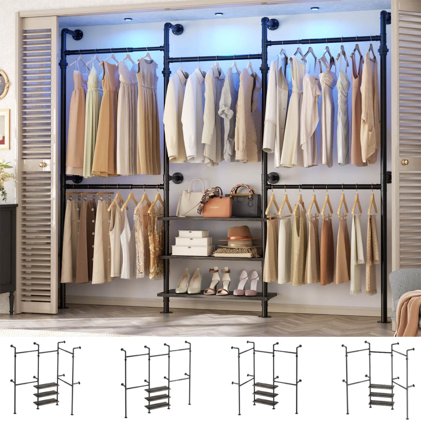 84"-128" Metal Pipe Clothing Rack Wall Mounted , Garment Rack