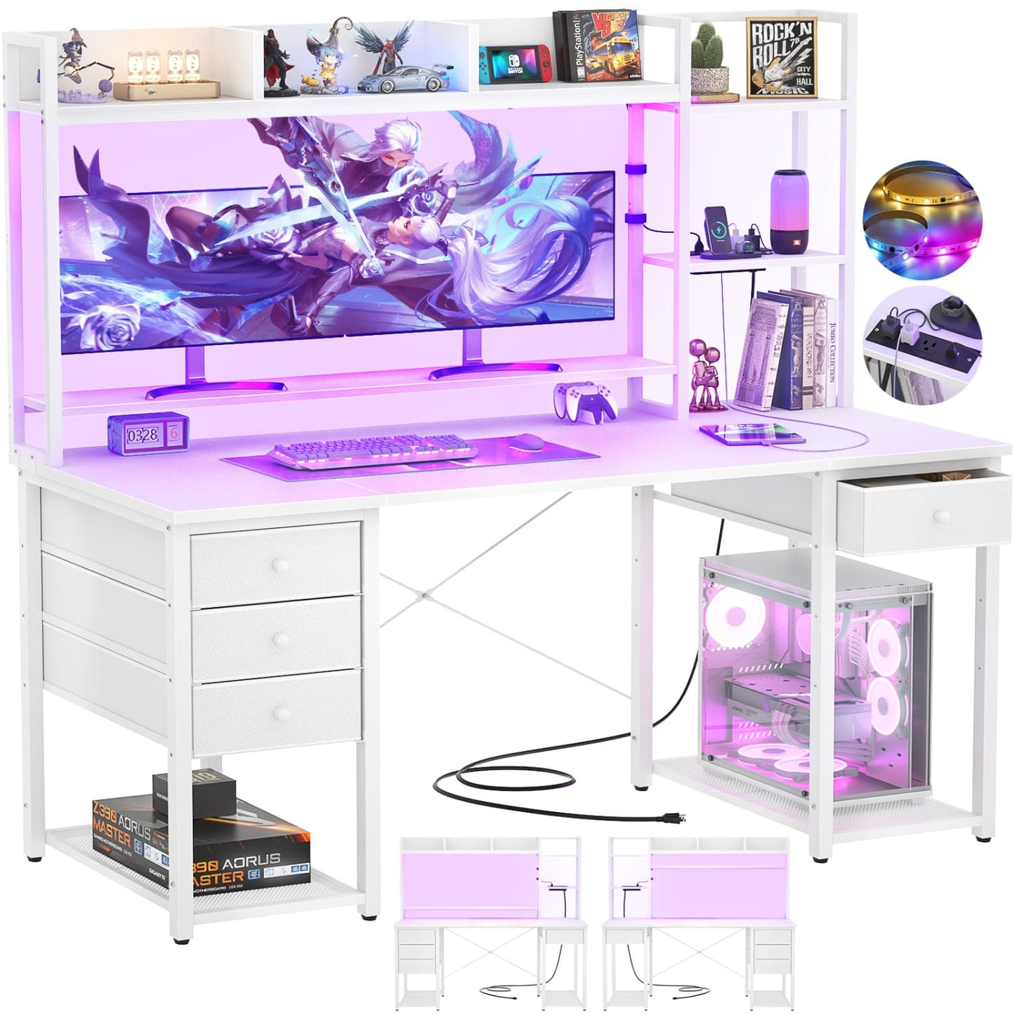 Computer Desk with LED Light, Power Outlet, Farbric Drawers