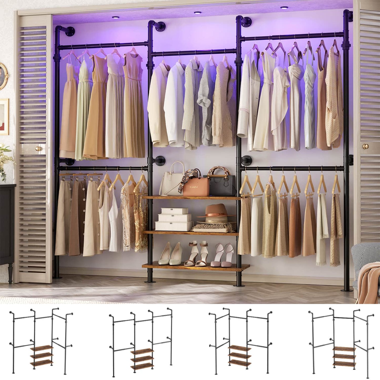 84"-128" Metal Pipe Clothing Rack Wall Mounted , Garment Rack