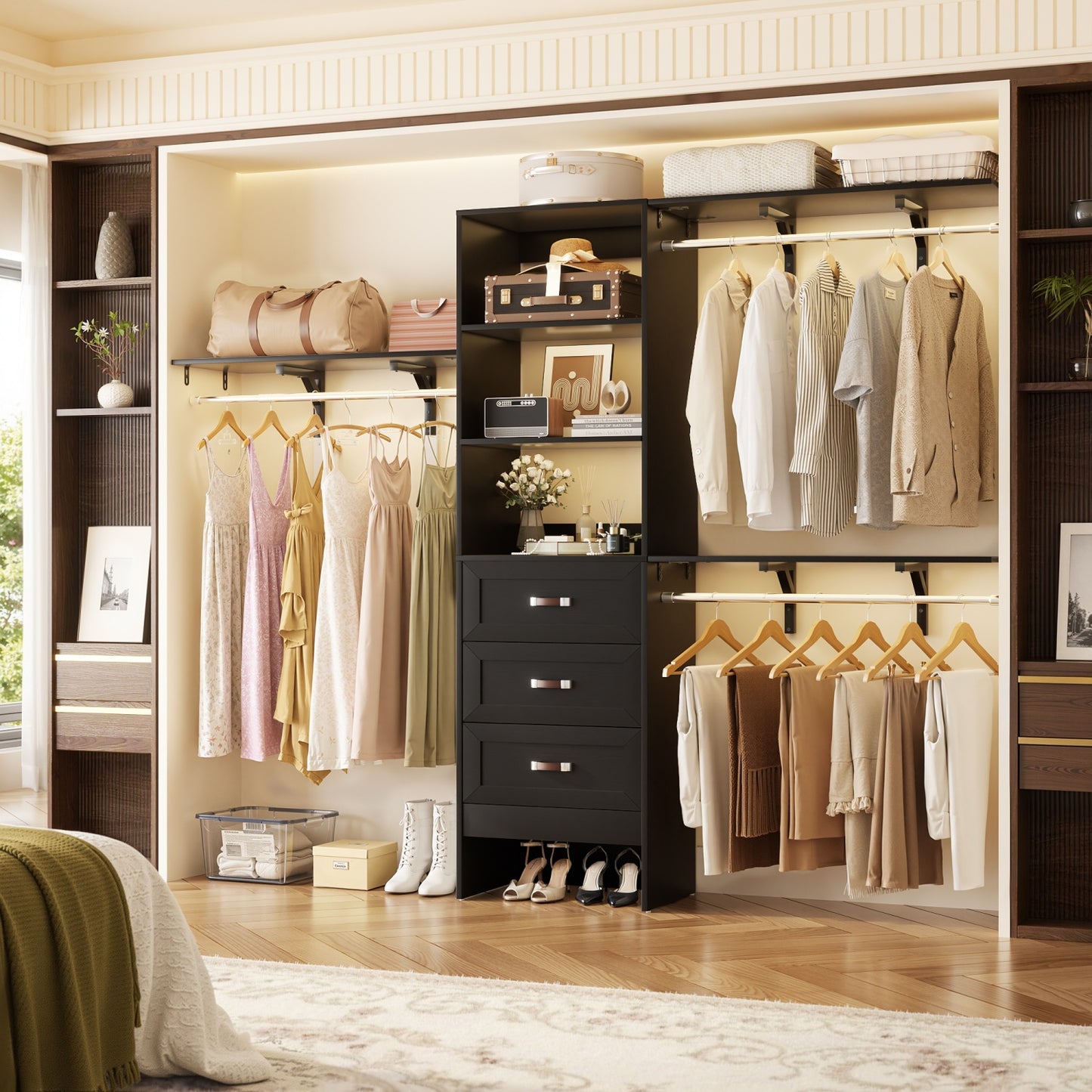 Closet Organizer System with Hanging Rods and Shelves, Wardrobe System with Drawers