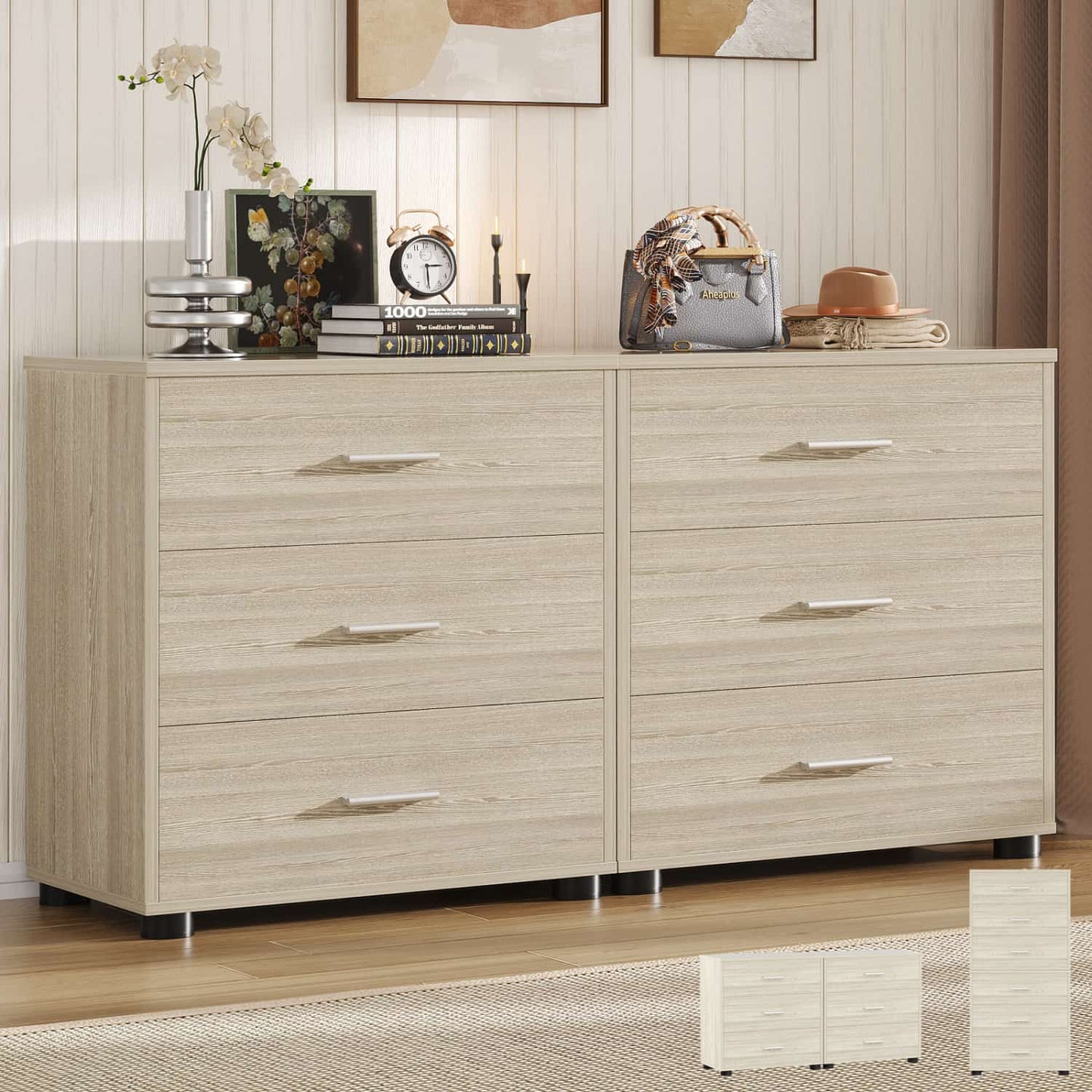 Set of 2 Wooden 6-Drawers Dressers with Storage, Closet Storage Cabinet and Nightstand