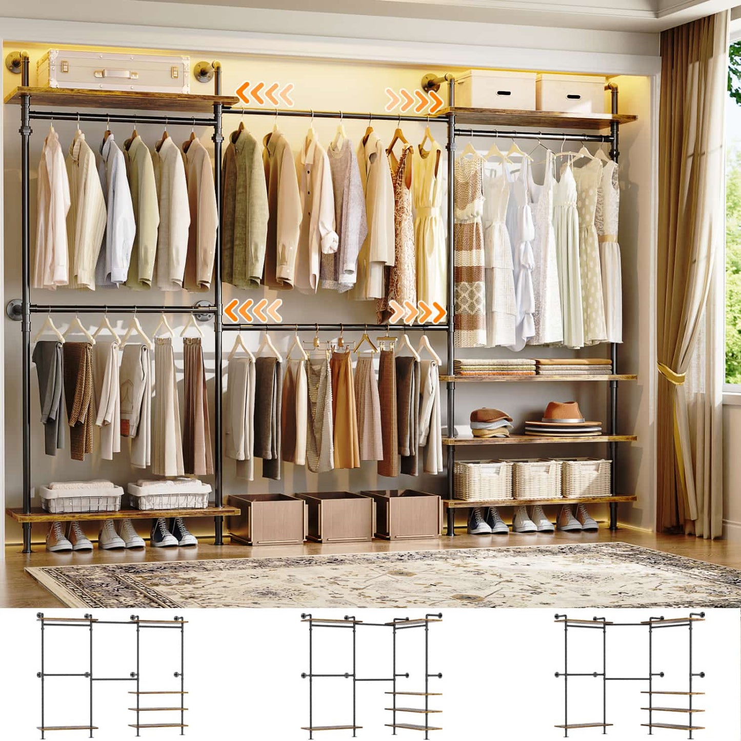 Garment Rack with Wood Shelves, Closet system Storage Rack