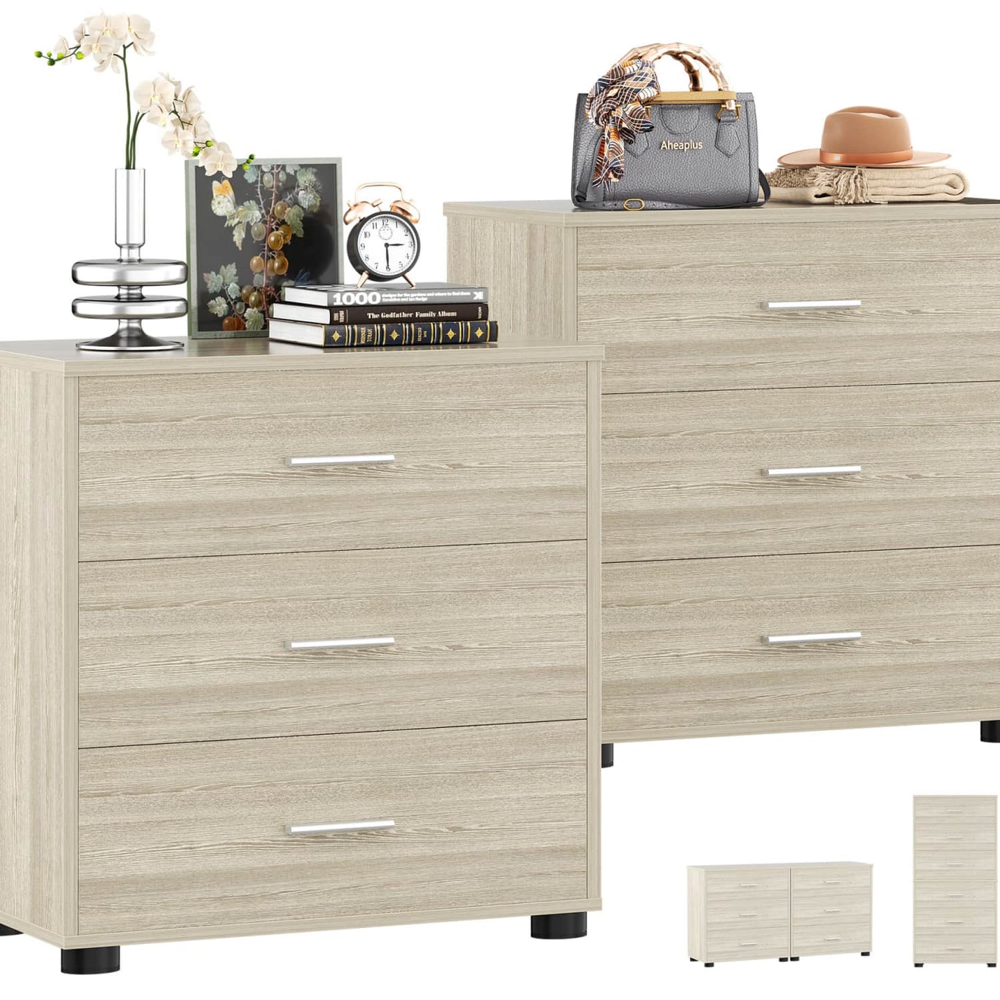 Set of 2 Wooden 6-Drawers Dressers with Storage, Closet Storage Cabinet and Nightstand