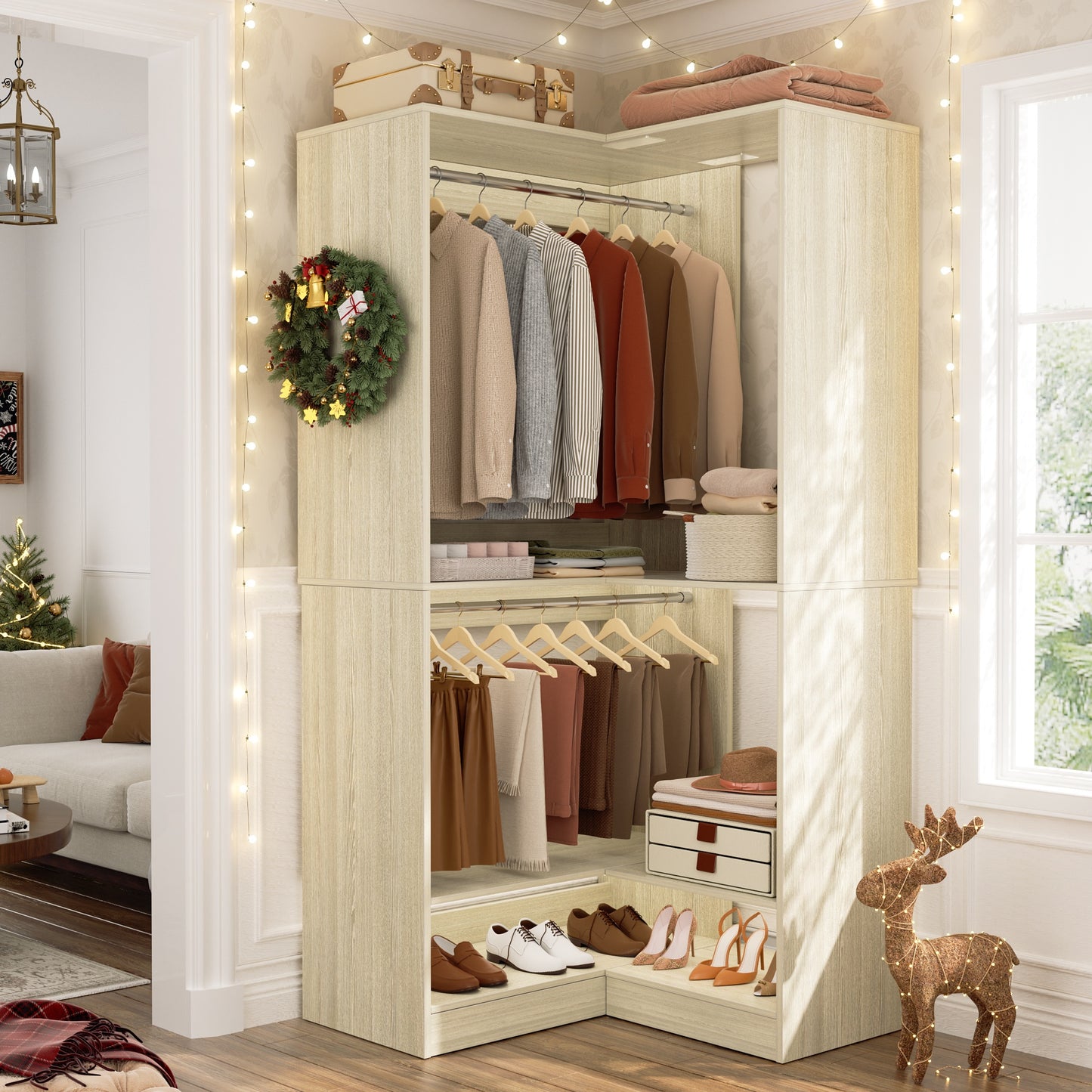 Freestanding Corner Closet System with 2 Hanging Rods and Shoes Shelf