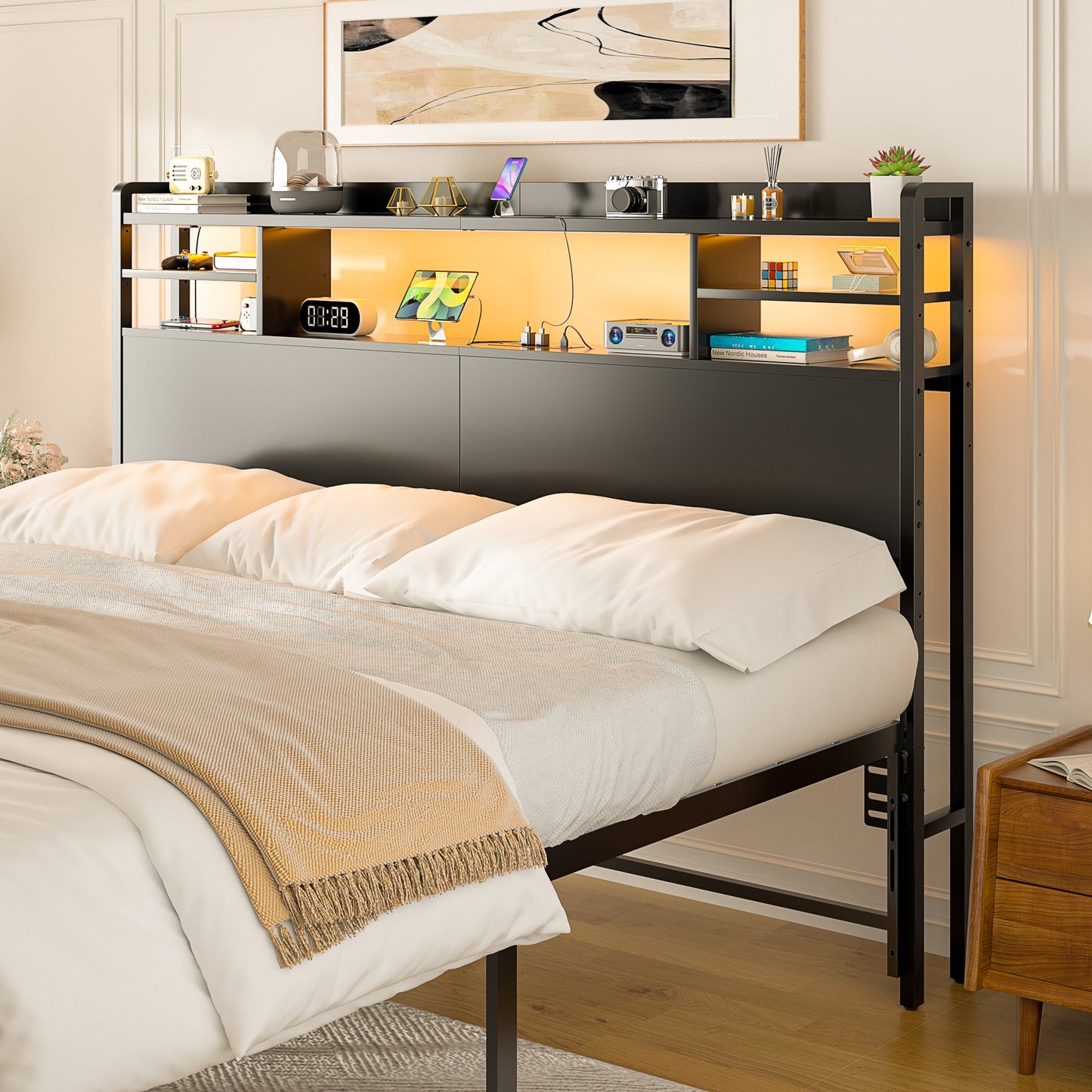 Queen Headboard with Storage shelves and Charging Station, Wood Headboard with LED Light