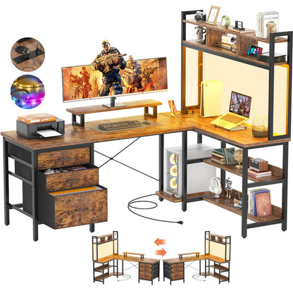 L Shaped Computer Desk with Hutch, Power Outlets, LED Lights & Storage Drawers