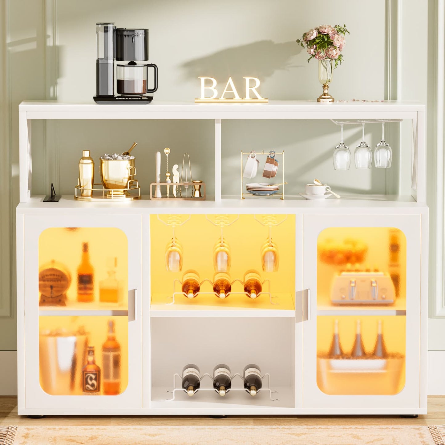 Wine Bar Cabinet with Glass Holders and and Doors, Buffet Wine cabinet with Power Outlet