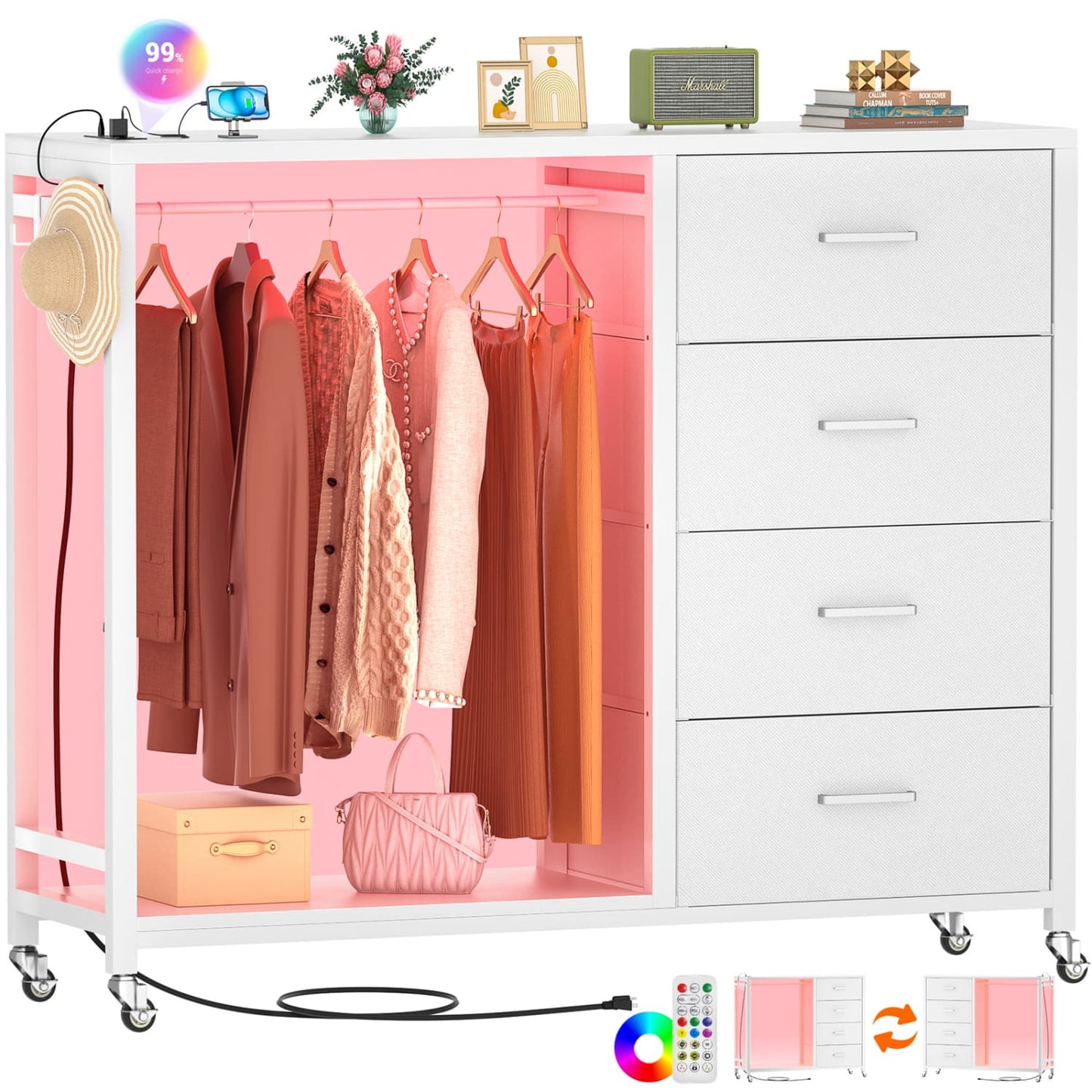 Dressers with Clothes Rack, Charging Station and Led Light, 4 Drawers Dresser for Bedroom