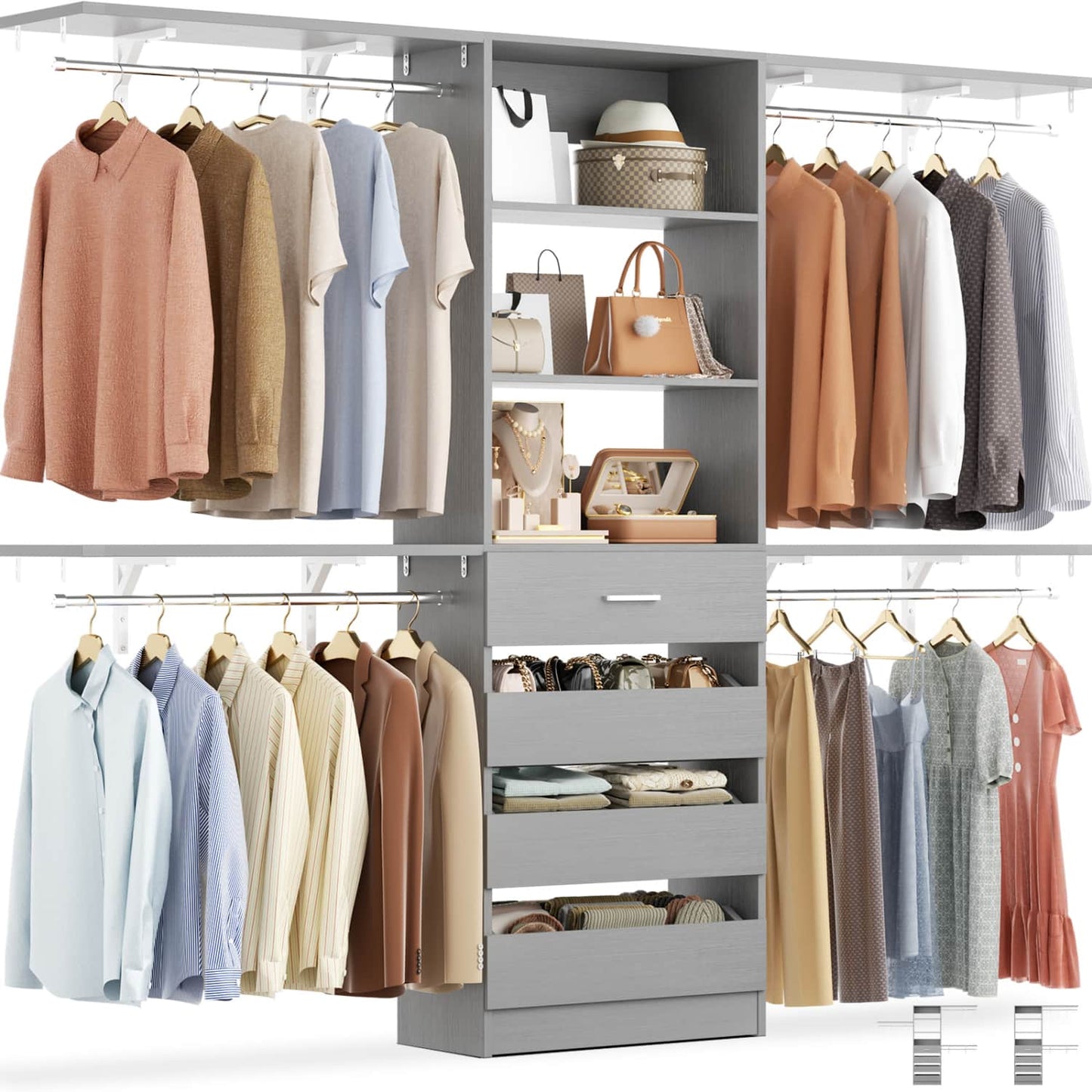 8FT Closet Organizer System with 4 Wooden Drawers & Hanging Rods