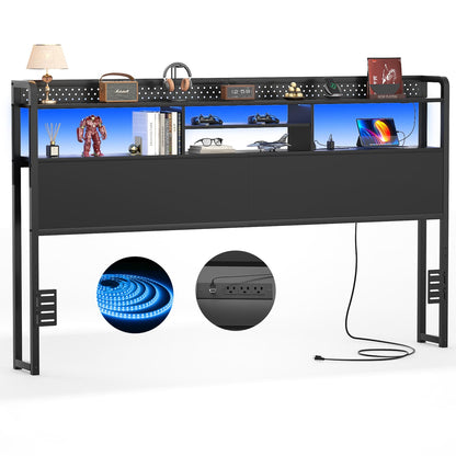 King Storage Headboard with Led Lights & Charging Station