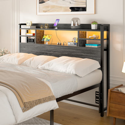 Full Headboard with Storage shelves and Charging Station, Wood Headboard with LED Light