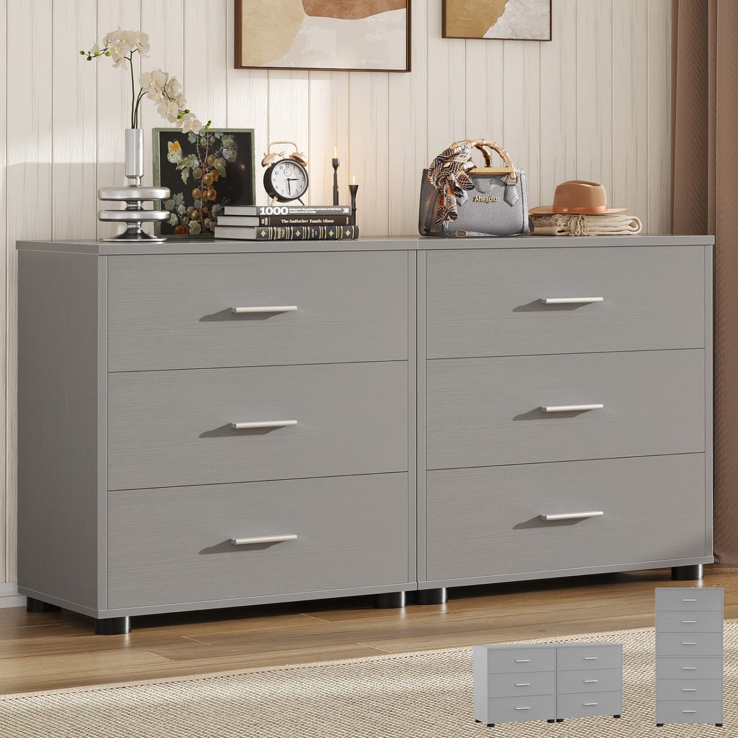 Set of 2 Wooden 6-Drawers Dressers with Storage, Closet Storage Cabinet and Nightstand