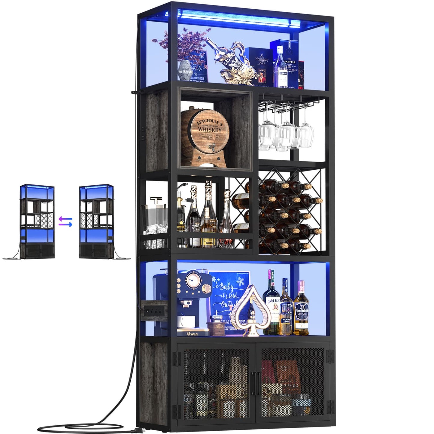 82.6" Tall Wine Bar Cabinet with LED Light and Outlets