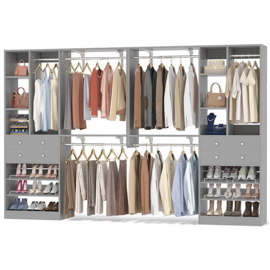 117.8" Closet System with Wood Drawers, Shoe Racks, Hanging Rods