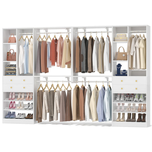 117.8" Closet System with Wood Drawers, Shoe Racks, Hanging Rods