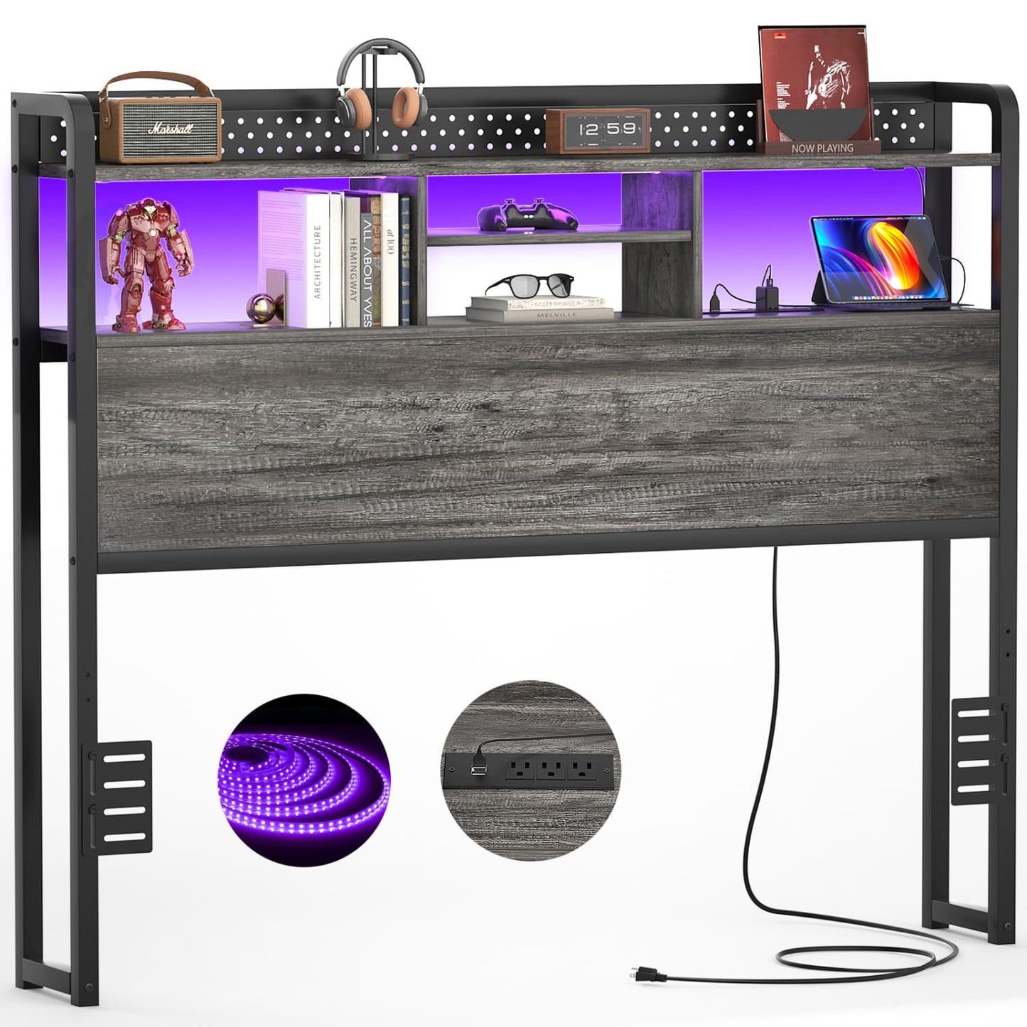 Full Storage Headboard with Led Lights & Charging Station