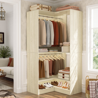 Freestanding Corner Closet System with 2 Hanging Rods and Shoes Shelf