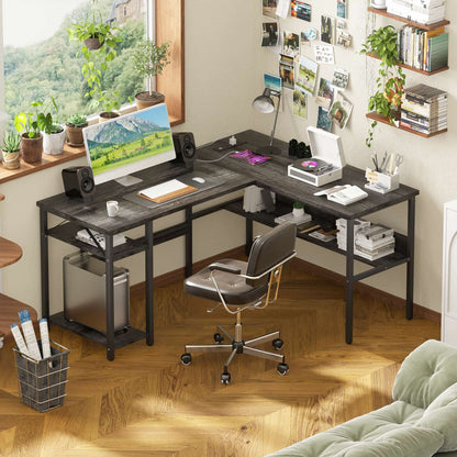 L Shaped Desk with Storage, Power Outlet, USB Ports, Reversible Computer Desk