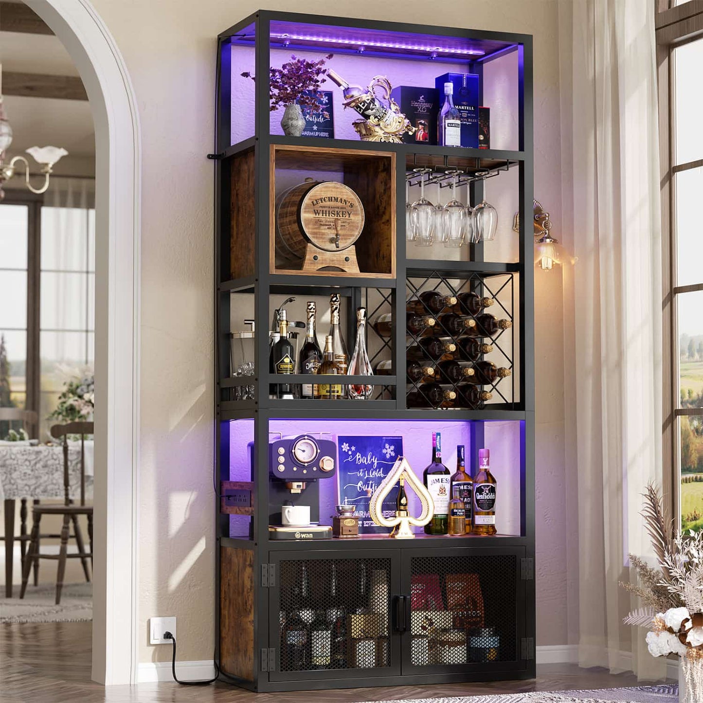 82.6" Tall Wine Bar Cabinet with LED Light and Outlets