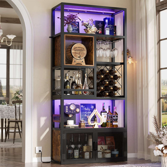 82.6" Tall Wine Bar Cabinet with LED Light and Outlets