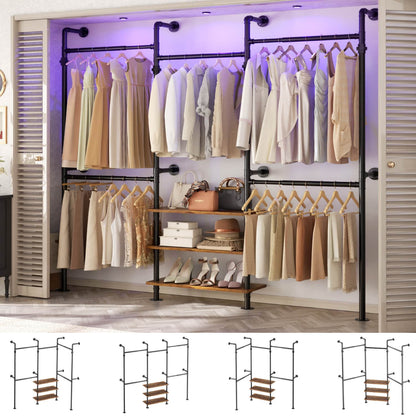 84"-128" Metal Pipe Clothing Rack Wall Mounted , Garment Rack