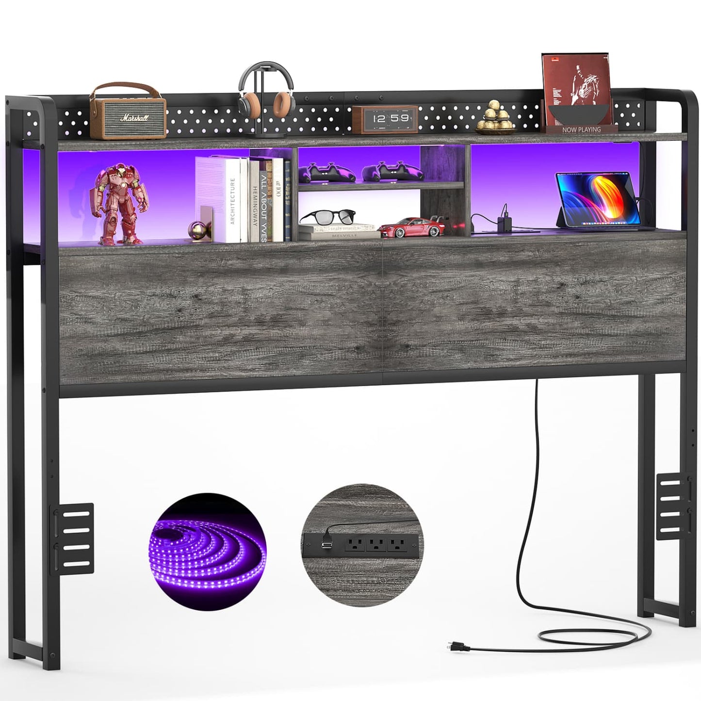 Queen Storage Headboard with Led Lights & Charging Station