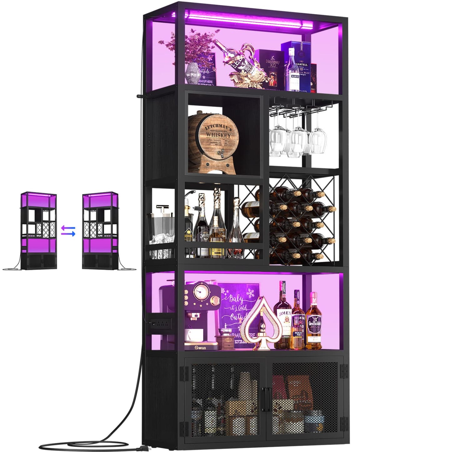 82.6" Tall Wine Bar Cabinet with LED Light and Outlets