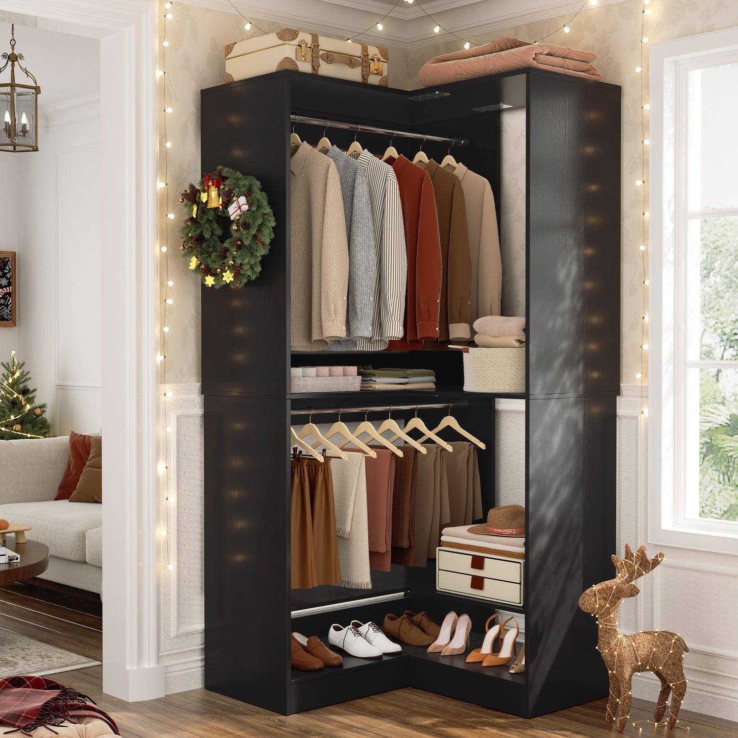 Freestanding Corner Closet System with 2 Hanging Rods and Shoes Shelf