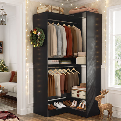 Freestanding Corner Closet System with 2 Hanging Rods and Shoes Shelf