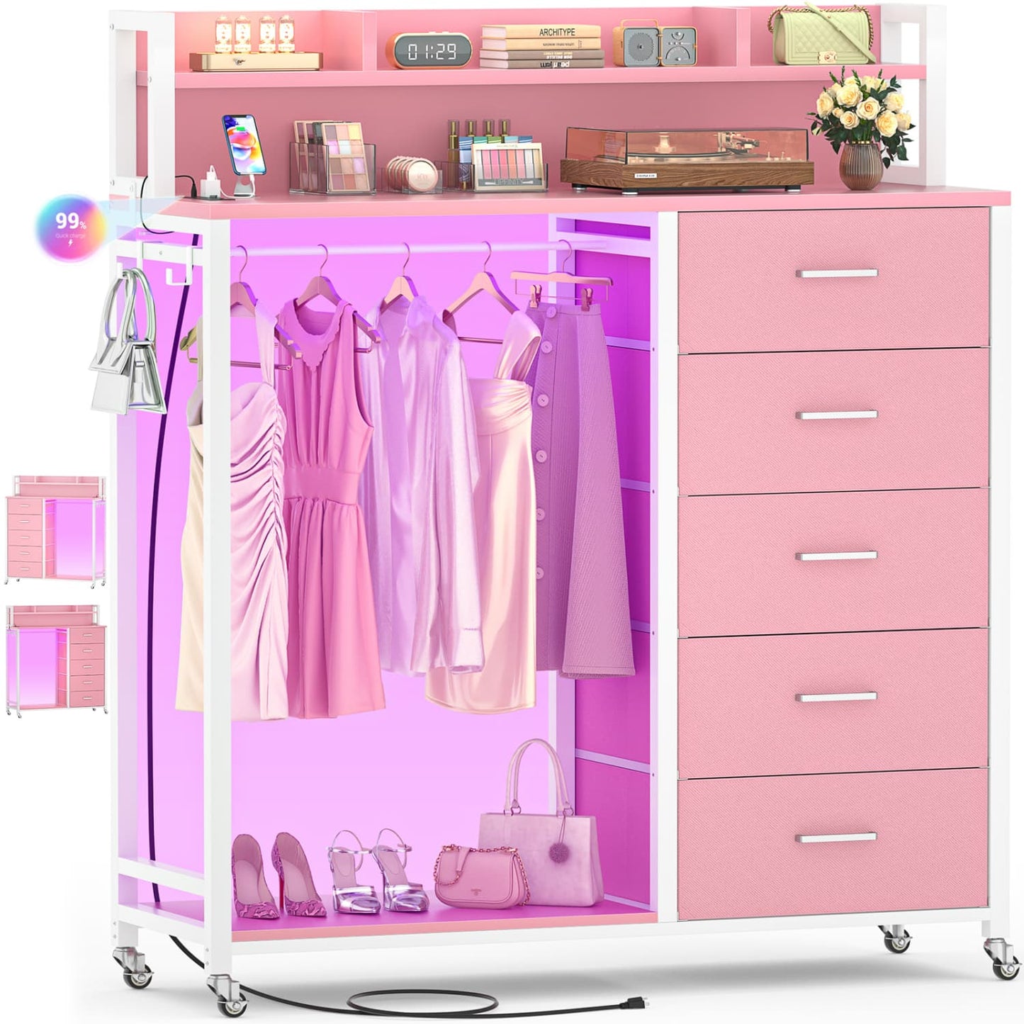 Dresser for Bedroom with Clothes Rack & Shelves, 5 Drawers Dresser with Charging Station