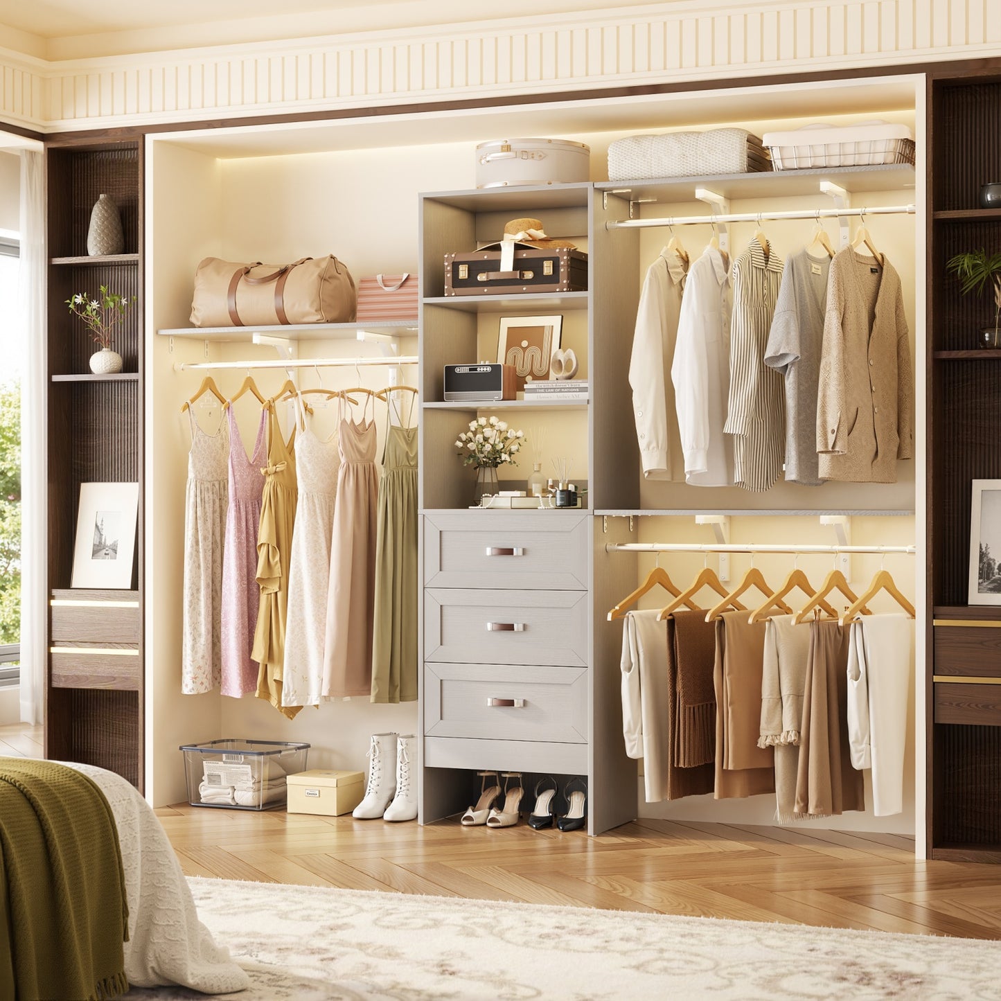 Closet Organizer System with Hanging Rods and Shelves, Wardrobe System with Drawers