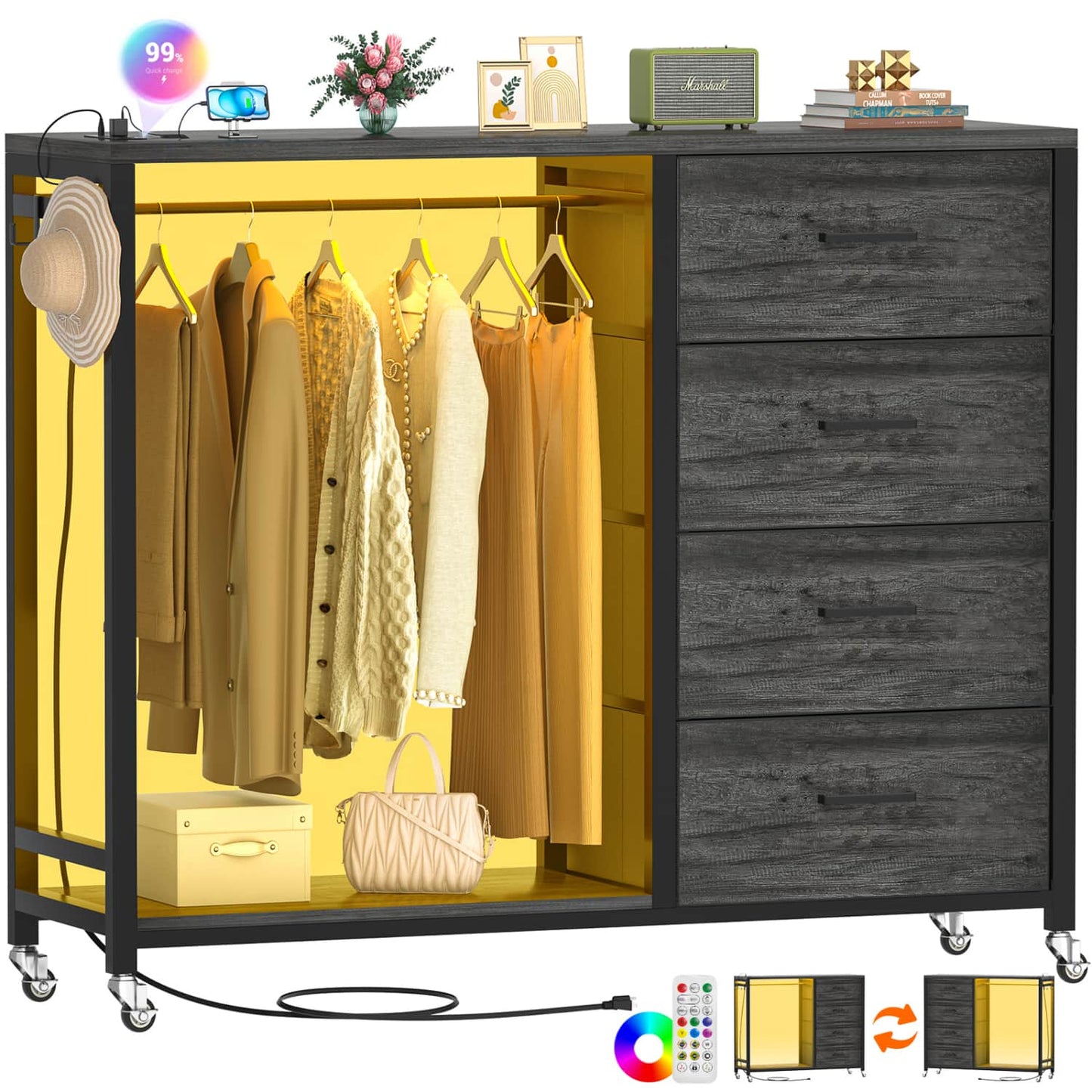 Dressers with Clothes Rack, Charging Station and Led Light, 4 Drawers Dresser for Bedroom