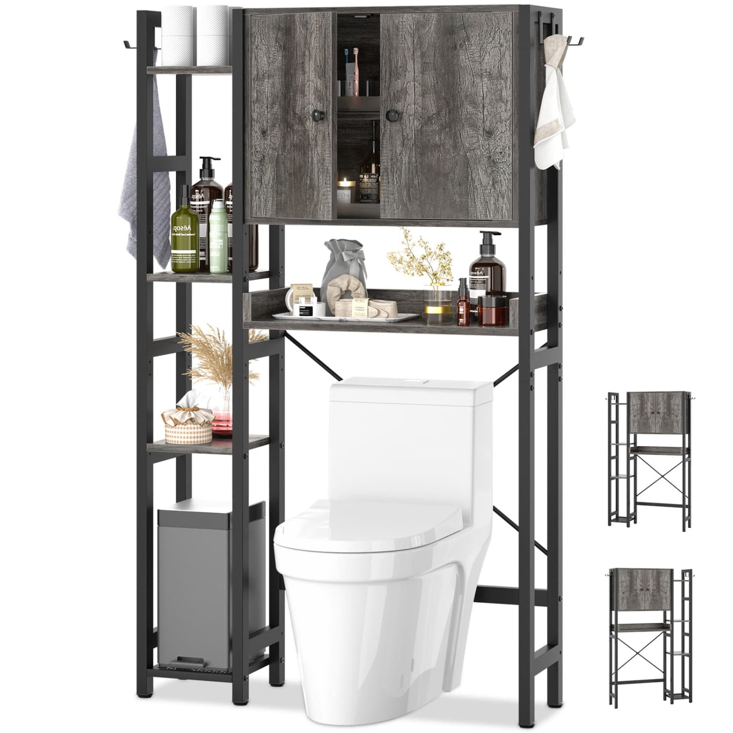 7-Tier Bathroom Organizer with Adjustable Shelf, Over The Toilet Storage Rack with 4 Hooks and Drawers