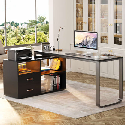 62" L Shaped Computer Desk with File Drawer, LED Lights