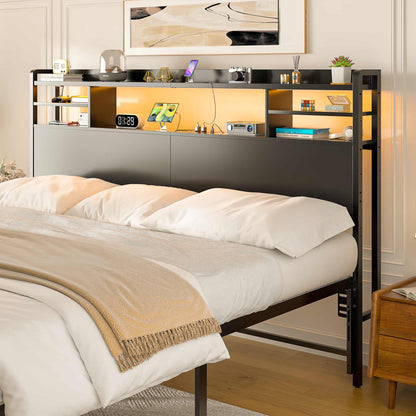 King Headboard with Storage shelves and Charging Station, Wood Headboard with LED Light