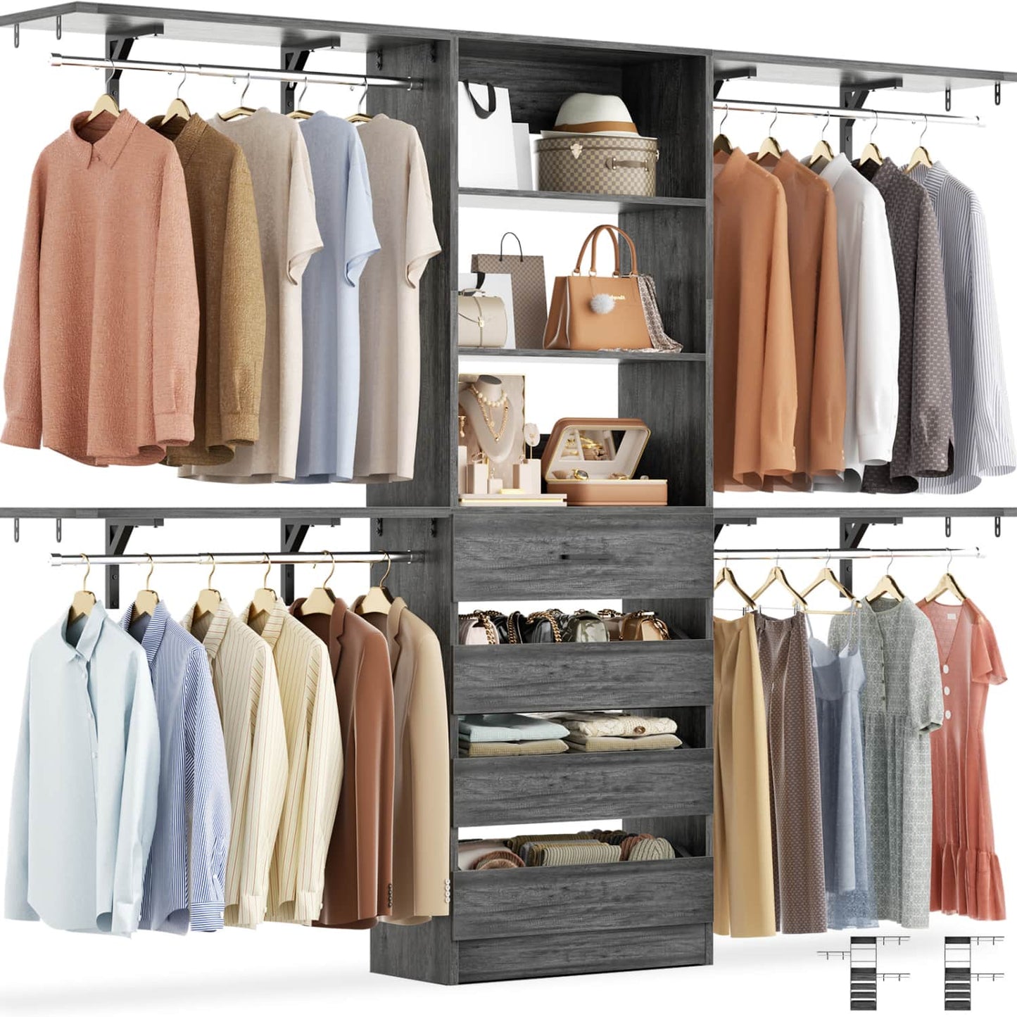 8FT Closet Organizer System with 4 Wooden Drawers & Hanging Rods
