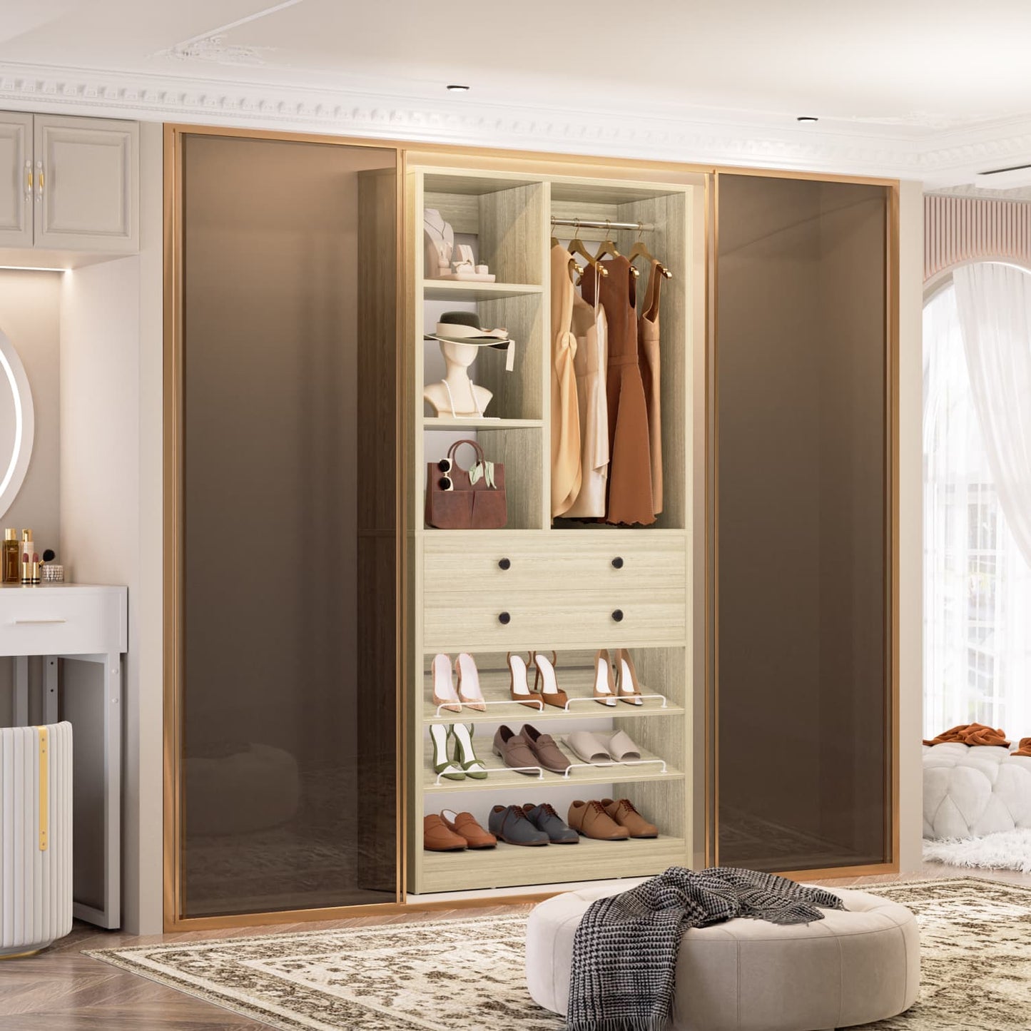 Closet Storage System with Adjustable Shoes Shelves, Closet Organizer with Drawer