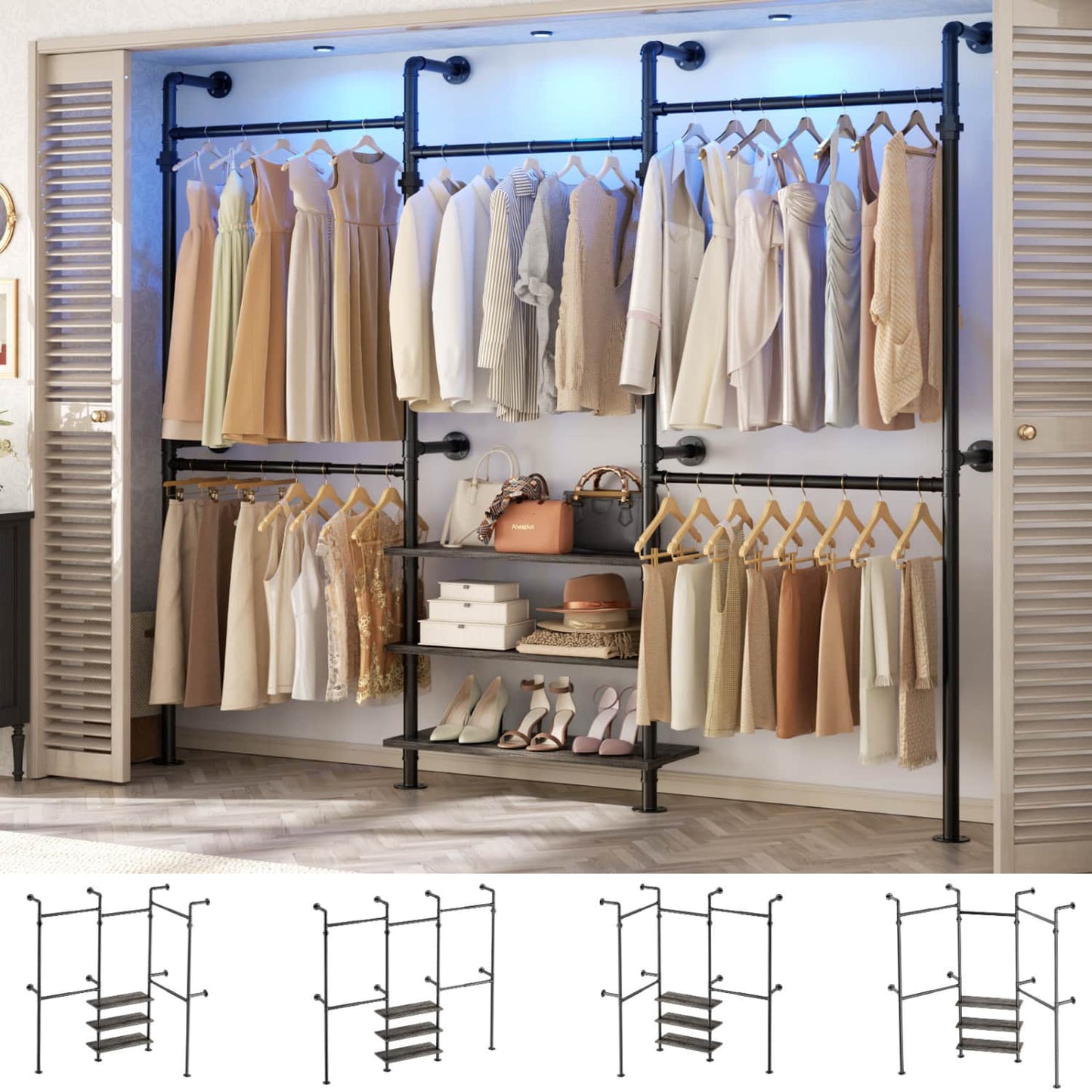 84"-128" Metal Pipe Clothing Rack Wall Mounted , Garment Rack