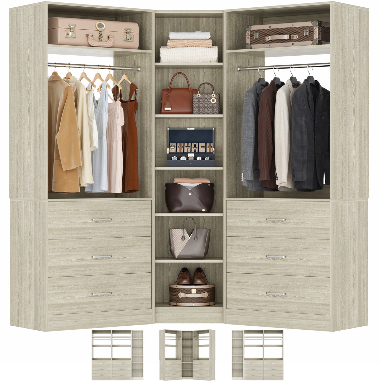 Closet System with 6 Drawers & 10 Shelves, Reversible Walk-in Closets, Load 1500+LBS