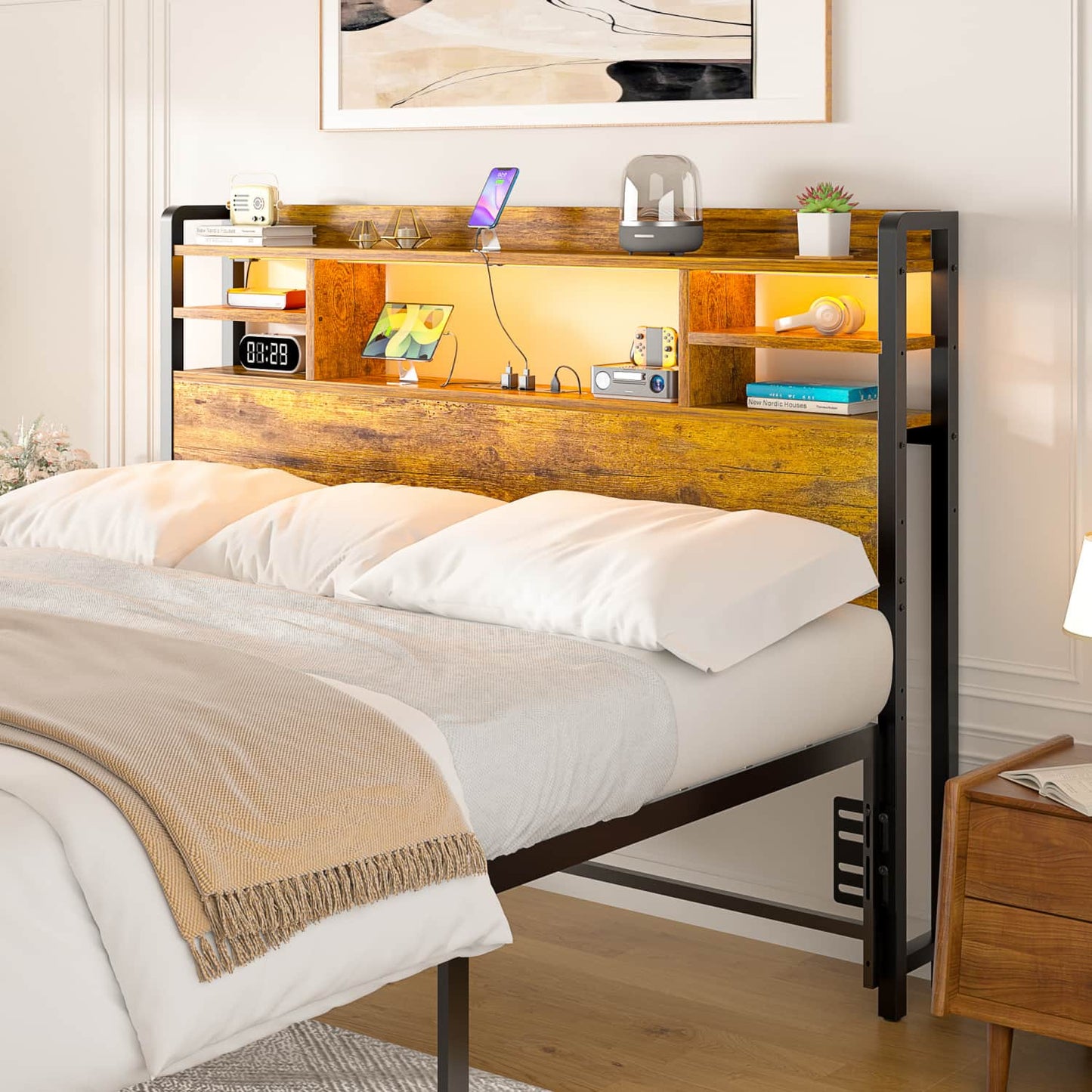 Full Headboard with Storage shelves and Charging Station, Wood Headboard with LED Light