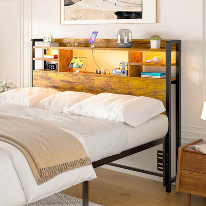 Full Headboard with Storage shelves and Charging Station, Wood Headboard with LED Light