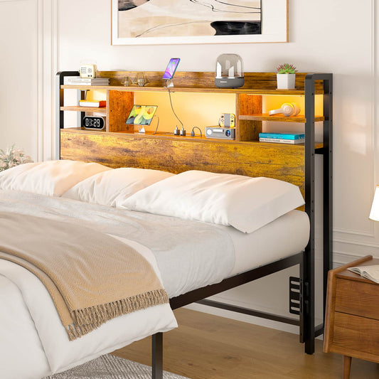 Full Headboard with Storage shelves and Charging Station, Wood Headboard with LED Light