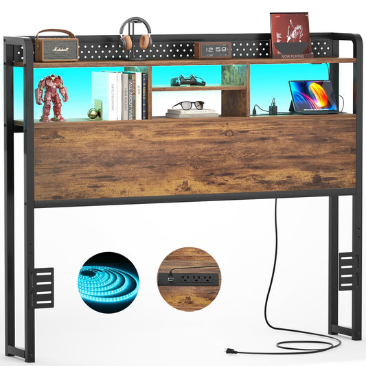Full Storage Headboard with Led Lights & Charging Station