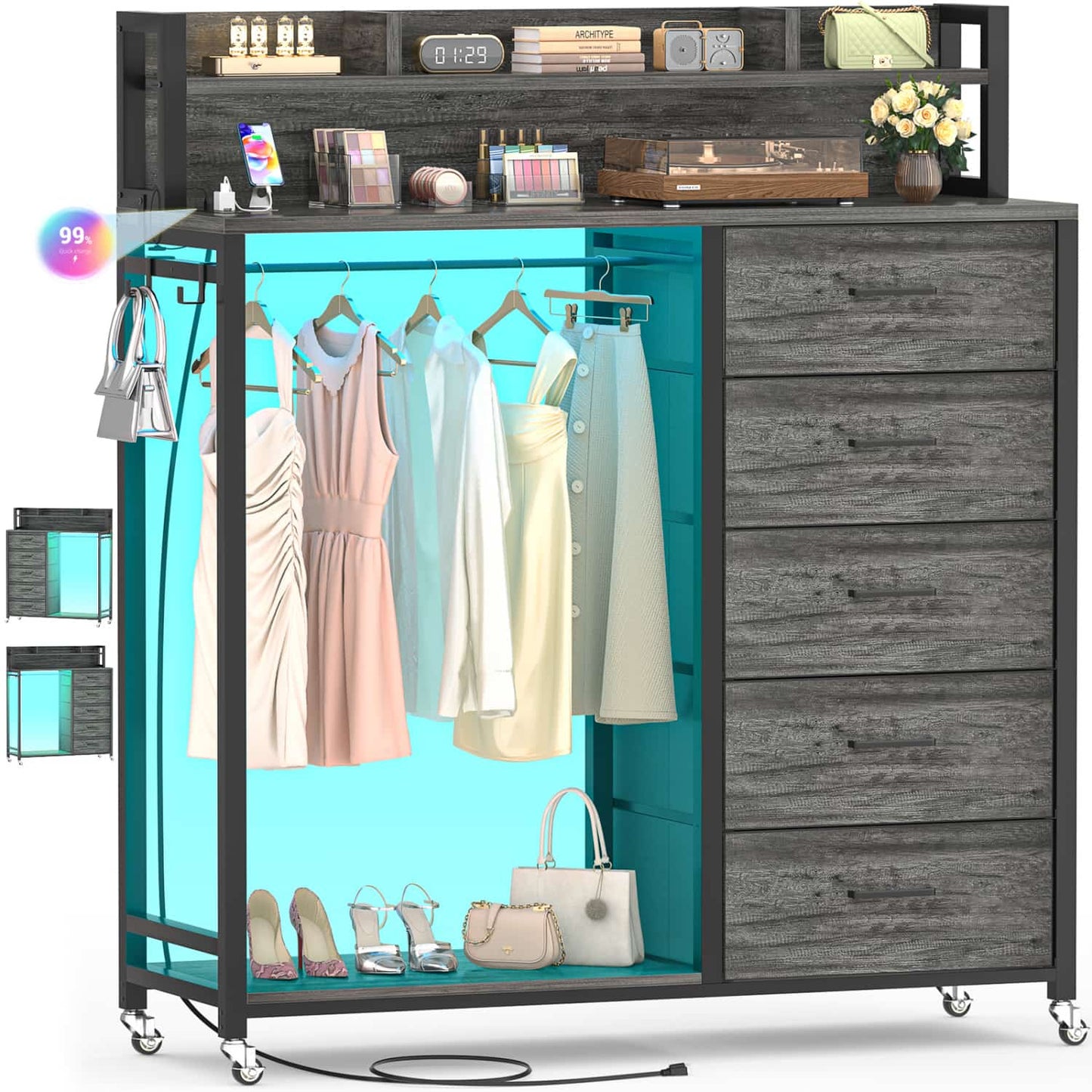 Dresser for Bedroom with Clothes Rack & Shelves, 5 Drawers Dresser with Charging Station