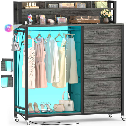 Dresser for Bedroom with Clothes Rack & Shelves, 5 Drawers Dresser with Charging Station