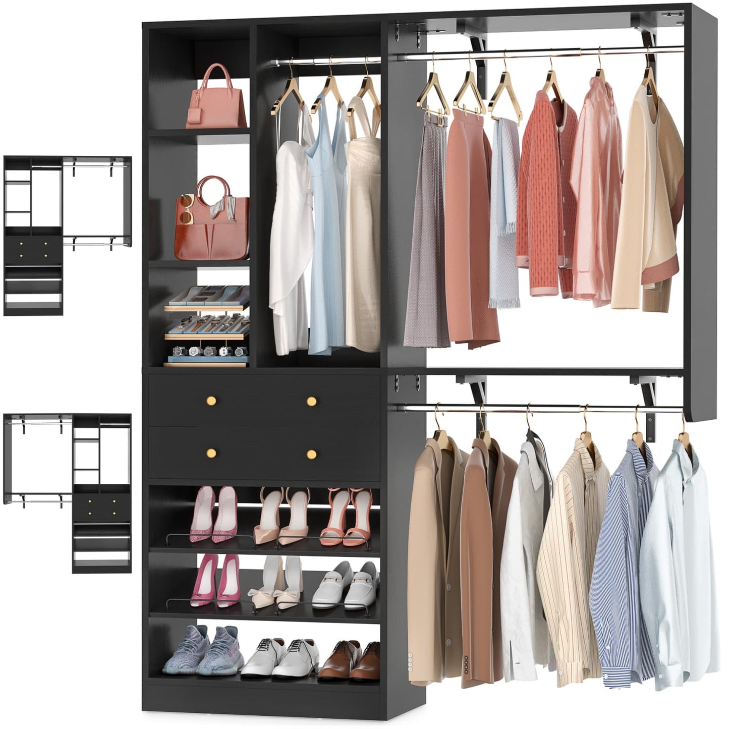 Closet System with Wooden Drawers and Two Hanging Rods