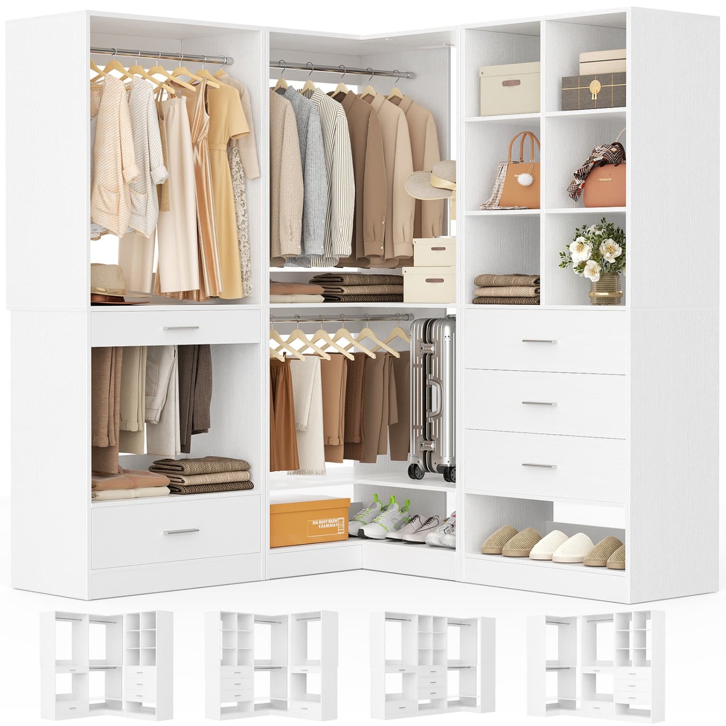 Corner Closet Oraganizer System with Drawers and Hanging Rods, Cube Storage Walk-in Closet System