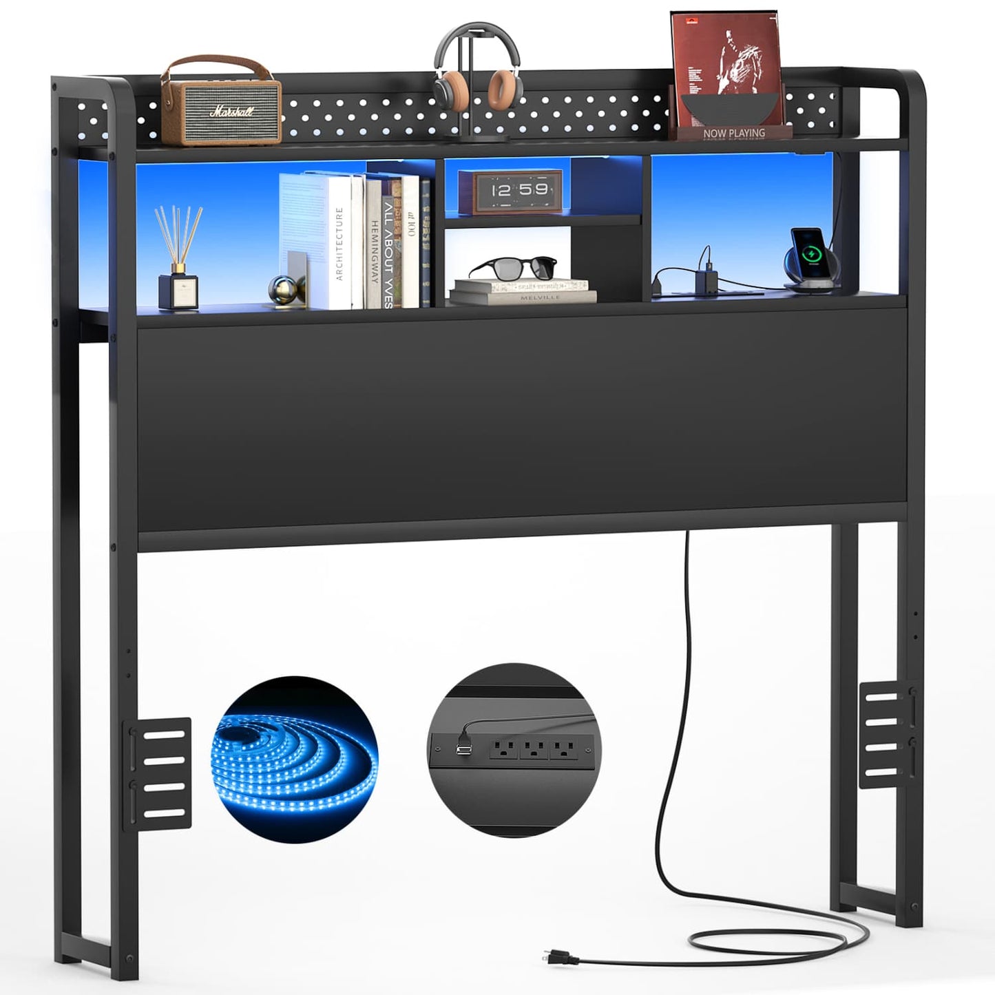 Twin Storage Headboard with Led Lights & Charging Station