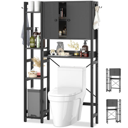 7-Tier Bathroom Organizer with Adjustable Shelf, Over The Toilet Storage Rack with 4 Hooks and Drawers