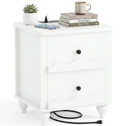 Wooden Nightstand with Charging Station, Storage Dresser with 2 Drawers